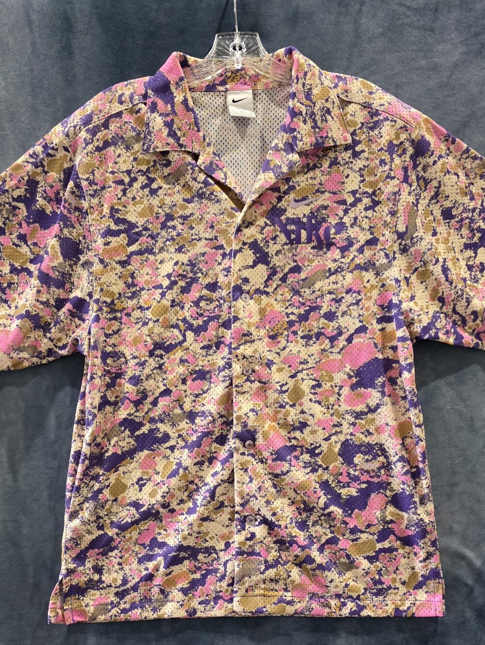 Nike Shirt Men's Small Trek Division Pink Purple Gold Camo Script Mesh LA DriFit